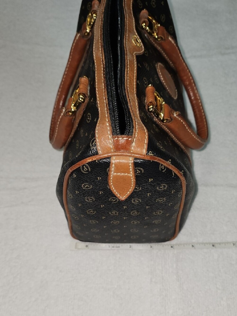 Vintage Pollini Black Monogram Satchel with Brown Trim - Picture 7 of 10